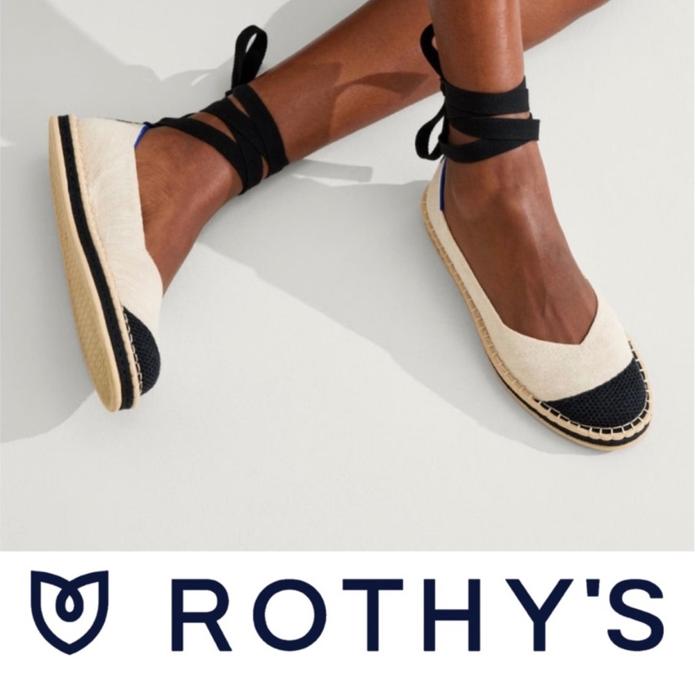 Rothy's The Espadrille Boardwalk Shoes in Black Cream with Removable Ankle Strap
